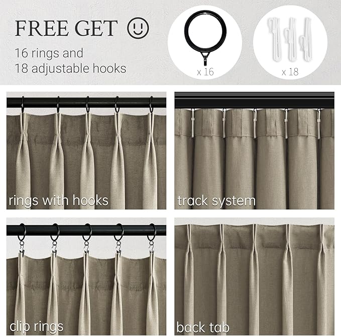 120 Inches Long Pinch Pleated Semi Sheer Curtains,Grey Beige Linen Blended Light Filtering Window Curtains 120 Length 2 Panels for Living Room Bedroom Pinch Pleat Drapes with Hooks,40" Wx120 L