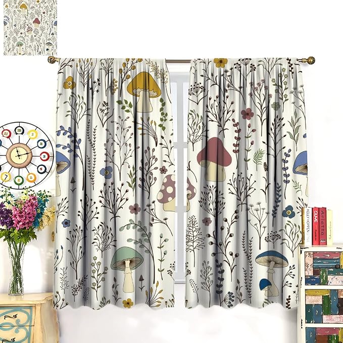 Mushroom Curtains,Colorful Plant Forest Botanical Print Window Treatments for Bedroom Living Room Kitchen Cartoon Herbs Floral Window Drapes 2 Panels Set,Total Size 55 x 63 Inch