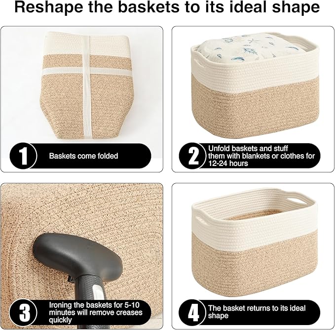 ICERZCZ Storage Baskets for Organizing & Shelves, Woven Cotton Rope Organization Bins for Dog Toys, Clothes, Books, Nursery Organizer, 15" Lx11''Wx9.5''H, (4 Packs) Off White & Brown