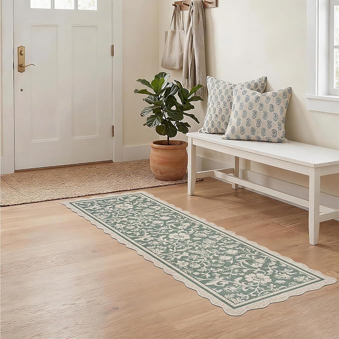 ORTIGIA Scalloped Easy Jute 2x6 Kitchen Runner Rug Vintage Green Floral Farmhouse Washable Rug Non-Slip Outdoor Carpet for Entryway Indoor Hallway Patio Laundry Room