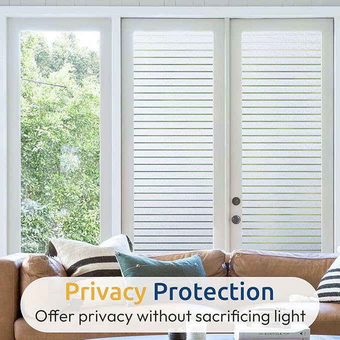 rabbitgoo Window Privacy Film, Frosted Glass Privacy Film, Window Frosting Cling for Glass, Non Adhesive Static Cling Front Door Covring, Anti-UV Reeded Blinds Sticker, Striped Pattern, 23.6" x 118.1"