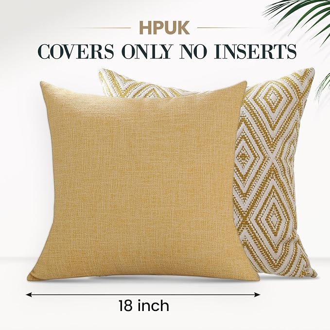 HPUK Throw Pillow Covers 18x18 Inch Set of 4, Linen Decorative Pillow Covers, Accent Cushion Covers for Couch Sofa Bed Bedroom Living Room Décor, Ochre