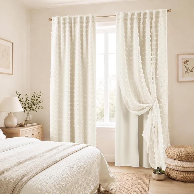 Lino Rosa 50x84 Inches Long Back Tab Pom Pom Cream Curtains for Girls Room Bedroom Nursery Blackout Curtains Double Layer
