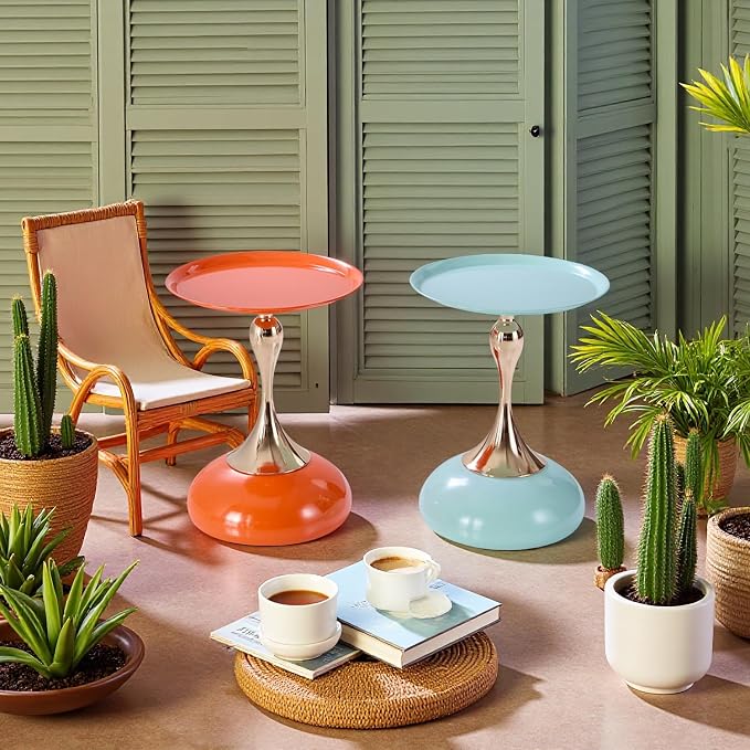 2-Pack Sleek Hourglass Side Table (Light Green & Hermes Orange) - Modern Stylish Accent Table with Glossy Finish & Metallic Detail - Ideal Decor for Living Room, Bedroom & Home Spaces