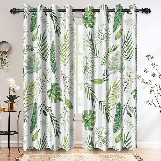 Renaiss Green Leaf Blackout Curtains, Tropical Safari Plants Patterned Thermal Insulated Bedroom Window Curtains, Eucalyptus Botanical Window Drapes for Living Room, 84" L x 53" W 2 Panel Set