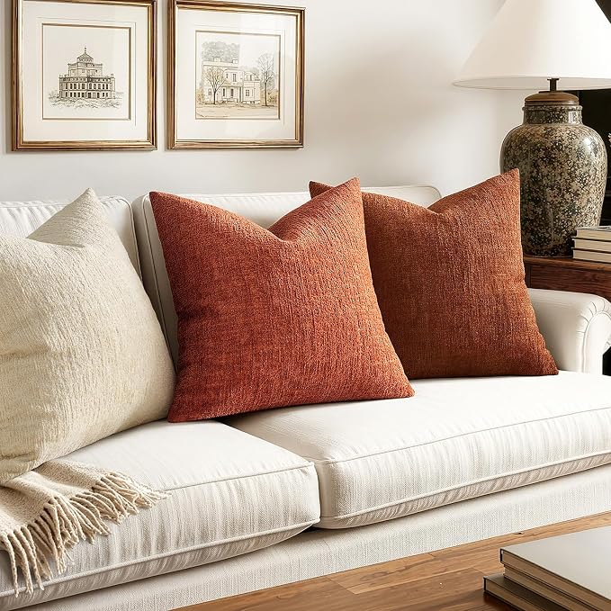 MIULEE Decorative Throw Pillow Covers 22x22 Pack of 2 Orange Couch Pillow Covers Fall Soft Cozy Textured Chenille Pillowcases for Home Decor Sofa Living Room Cushion Bedroom