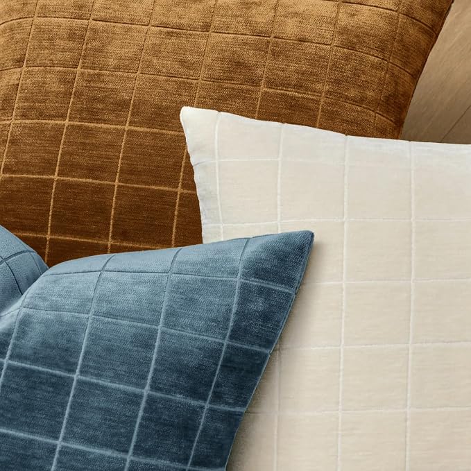 MIULEE Blue Plaid Decorative Throw Pillow Covers 18x18 Set of 2 | Vintage Check Chenille Couch Pillows Neutral Boho Farmhouse Cushion Covers Modern Home Decor for Sofa Bed Living Room