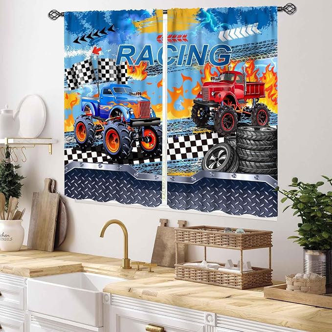 Truck Curtains for Boys Room, Cool Banner Burning Flame Car Cartoon Monster Racing Theme Window Drapery Treatments for Boys Kids Bedroom Living Room Playroom Nursery 2 Panels, 55x39 Inch