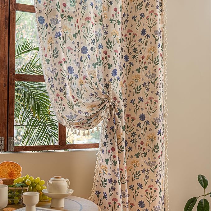 Deeprove Sheer Boho Floral Curtains 84 Inches Long Set of 2 Panels with Cream Tassels, Herbs Print Textured Window Drapes for Living Room Bedroom Light Filter Country Style Privacy, 52W x 84L