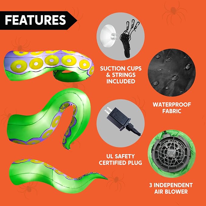 Joiedomi 3 Pcs Halloween Inflatables Green Octopus Tentacle Outdoor Decorations, Octopus Tentacle with Build-in LEDs Halloween Window Decoration with Light Blow Up for Yard Party Decors Outside