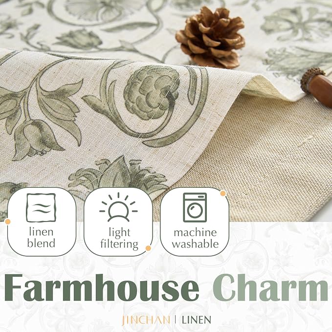 jinchan Linen Valance Kitchen Curtain Pack of 2 Double Layer 16 Inch for Living Room Bedroom Window Treatment Light Filtering Vintage Farmhouse Cottagecore Rod Pocket 2 Panels Green on Beige