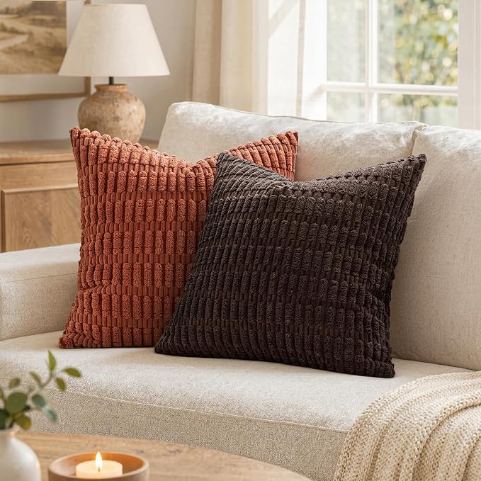 MIULEE Pack of 2 Corduroy Decorative Euro Sham Throw Pillow Covers 24x24 Inch Soft Boho Striped Pillow Covers Modern Farmhouse Home Decor for Sofa Living Room Couch Bed Dark Brown