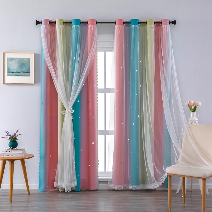 XiDi Rainbow Blackout Curtains 96 Inches Long for Girls Bedroom 2 Panels Set, Kids Pink Curtains for Room Decor Unicorn Wall Decals Drapes for Little Girl Nursery Pink Blue Yellow 34 Inches Wide
