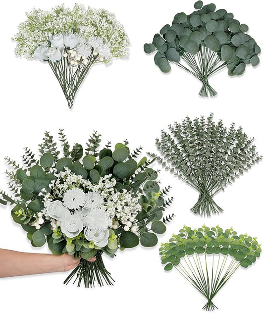 120Pcs 7 Kinds Mixed Artificial Eucalyptus Stems Faux Flowers, Faux Silver Dollar Eucalyptus Stems Baby Breath Berry Bulk for DIY Vase Bouquets Floral Arrangement Wedding Home Party Decor