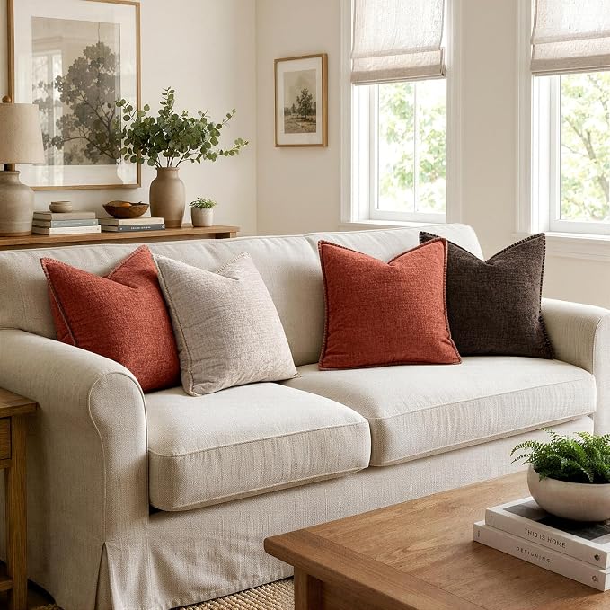 MIULEE Pack of 2 Couch Throw Pillow Covers 20x20 Inch Dark Brown Farmhouse Decorative Pillow Covers with Stitched Edge Taupe Soft Chenille Solid Dyed Pillow Covers for Sofa Bed Living Room