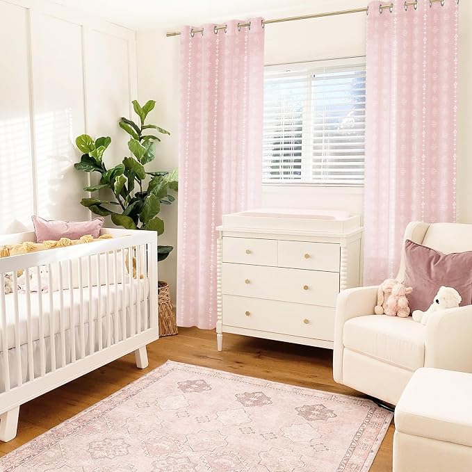 Cute Pink Curtains for Nursery Girl Bedroom,Boho Floral Light Blush Linen Sheer Princess Curtains for Baby Teen Room Decor Aesthetic