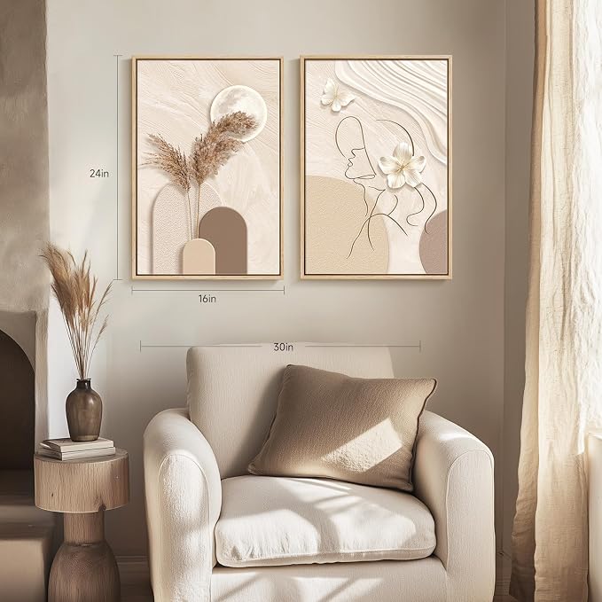 Framed Neutral Abstract Wall Art for Living Room, Set of 2 Modern Beige and Taupe Canvas Paintings Prints Artwork for Walls, Woman Silhouette Pictures Wall Decor for Bedroom Home Office, 16x24 Inch