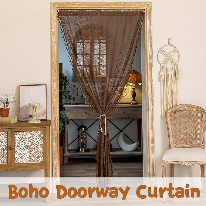 Sutuo Home Dark Coffee Door Curtain for Door Window, Lace Sheer Doorway Curtain for Closet Crochet Vintage Tassels Bohemian Privacy Temporary Room Divider Rod Pocket,1 Panel 37" x 80"