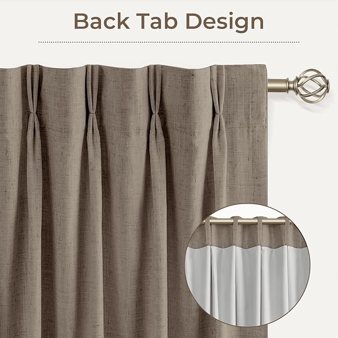 CAPALOCA Pinch Pleated Blackout Curtains 102 Inches Long, Linen Blend, 100% Blackout Drapes with 20 Hooks, Ideal for Bedroom and Living Room, 40" W x 102" L (Pack of 2), Burlywood Birch