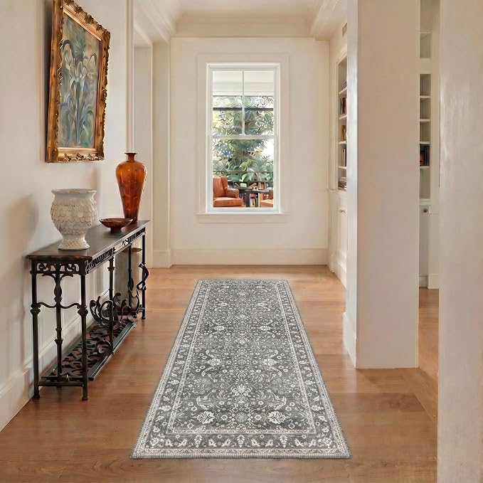 Bavni 2x3 Doormat, Machine Washable Runner Rug Non Slip, Vintage Floral Floral Rugs for Entrance, Lightweight Low Pile Carpet for Hallways Kitchen and Corridor, Charcoal Gray