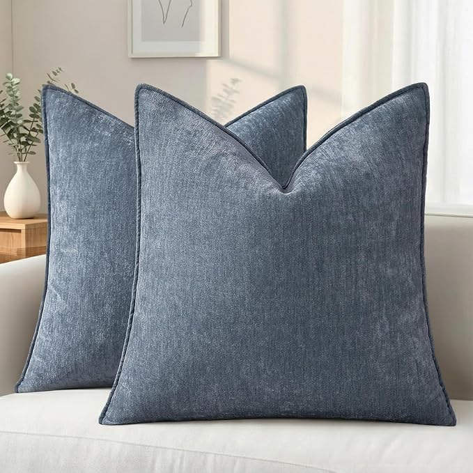 decorUhome Fall Couch Euro Sham Throw Pillow Covers 26x26 Set of 2, Decorative Soft Velvet Modern Cozy Chenille Pillow Cases with Elegant Design for Sofa Bed Living Room Home Decor, Haze Blue
