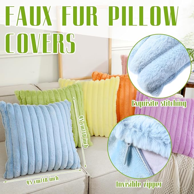 Mixweer 6 Pcs Back to School Faux Fur Plush Throw Pillow Covers 18x18 Inch Pastel Soft Fluffy Striped Decorative Pillow Covers with Velvet Back for Sofa Couch Cushion Bedroom, Home Classroom Decor