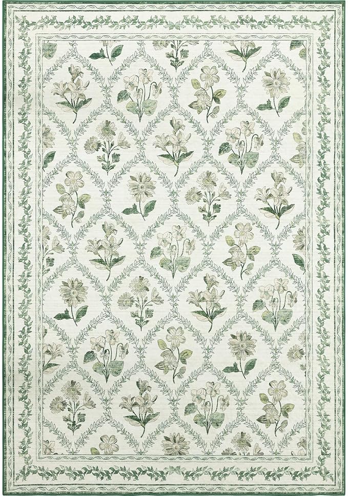 LIANLAM Checkered Rug 10x14 Area Rugs for Living Room - Stain Resistant & Non-Slip Backing Vintage Boho Floral Design Rug for Bedroom,Durable & Ultra-Thin Large Washable Area Rug(10x14,Green)