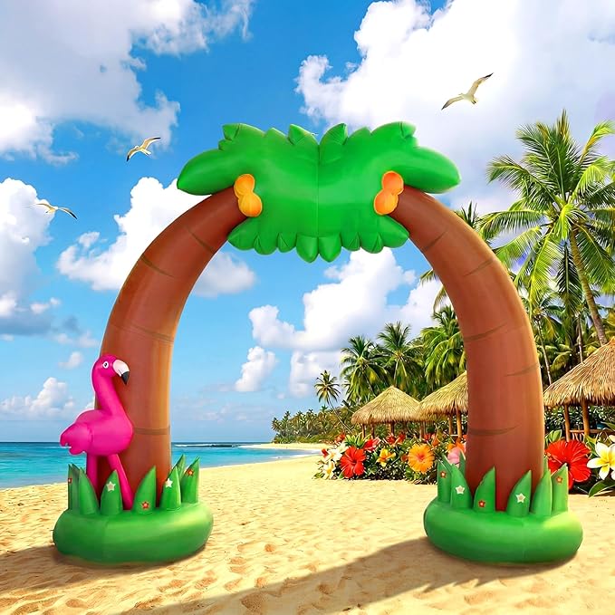 Shappy 9 ft Inflatable Palm Tree Arch Summer Inflatable Outdoor Decor with Flamingo LED Lighted Blow up Palm Tree for Beach Luau Hawaiian Tropical Birthday Pool Party Yard Lawn Garden Decoration