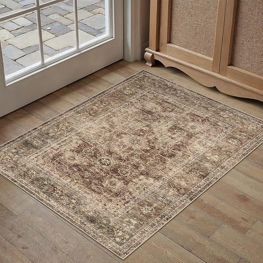 2x3 Washable Area Rug for Entryway Rust Vintage Non-Slip Low Pile Distressed Rustic Carpet Inoor Door Mat Soft Small Throw Rug for Entrance Bathroom