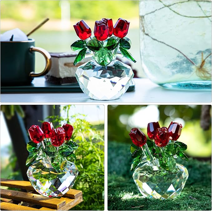 H&D HYALINE & DORA Red Rose Figurine Ornament Spring Bouquet Crystal Glass Flowers Gift-Boxed