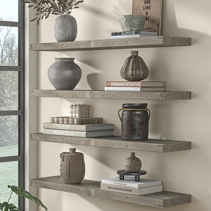 Fun Memories 24 Inch Reclaimed Wood Floating Shelves for Wall, 8 Inch Deep Heavy Duty Rustic Farmhouse Wall Mounted Shelf with Invisible Bracket for Bathroom, Kitchen & Bedroom, Grey