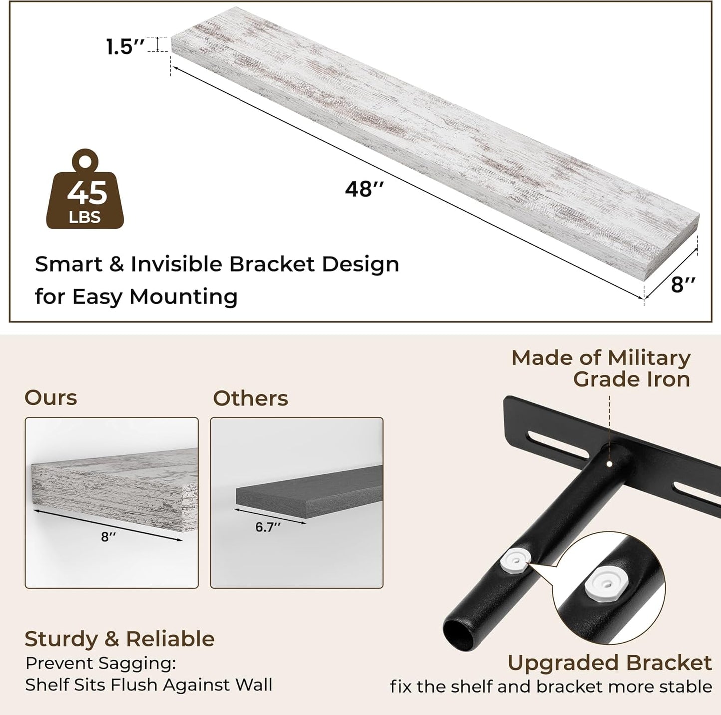 RICHFOCUS 48Inch Floating Shelves for Wall 2 Pack Shelves for Bedroom|Kitchen|Bathroom Wall Mounted Rustic Distressed Wood Floating Shelf with Invisible Brackets for Books|Storage|Decor, Rustic