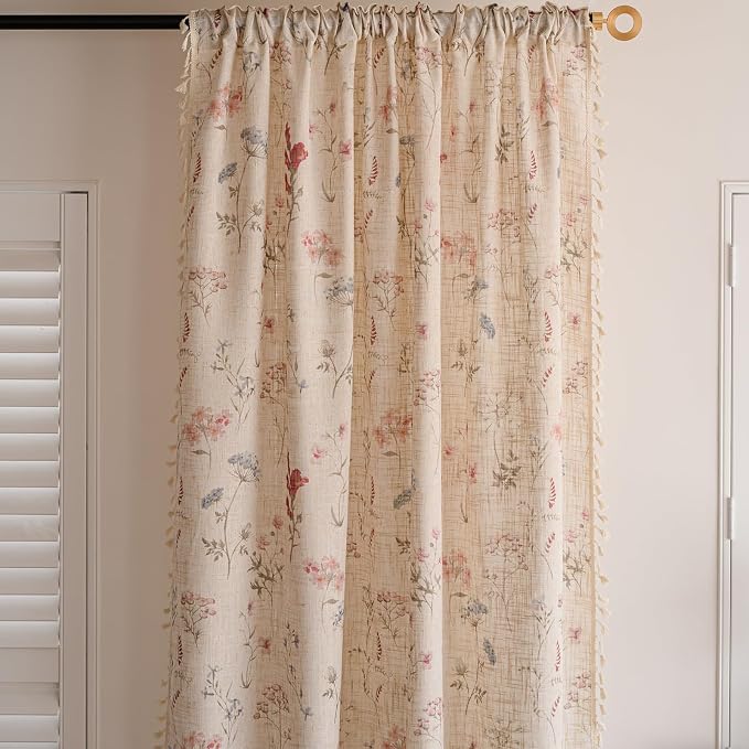 OYX Boho Floral Curtains 84 Inch, Farmhouse Floral Linen Drapes with Tassels, Light Filtering Semi Sheer Curtains for Living Room Bedroom, 2 Panels, Rod Pocket, 52Wx84L