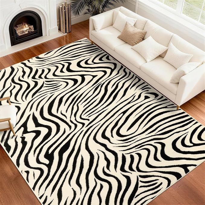 YIHOUSE 8×10 Ft Area Rugs for Living Room: Modern Washable Rug - Abstract Black and Cream White Rug for Bedroom Dining Room Office Playroom Nursery Home Decor - Nonslip Non-Shedding Striped Rugs