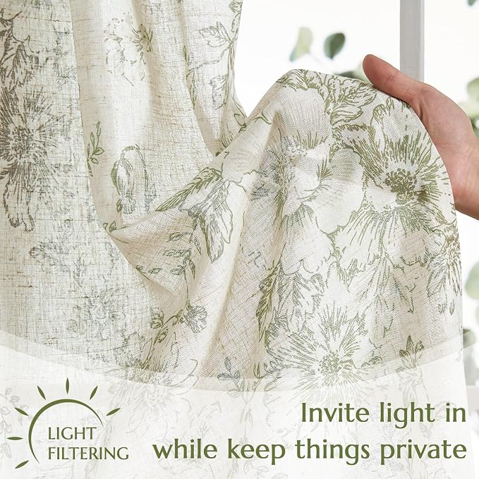 jinchan Linen Floral Tier Curtains 24 Inch Farmhouse Botanic Cafe Curtains Light Filtering Drapes for Small Windows Back Tab Half Window for Kitchen Living Room Bathroom 2 Panels Green