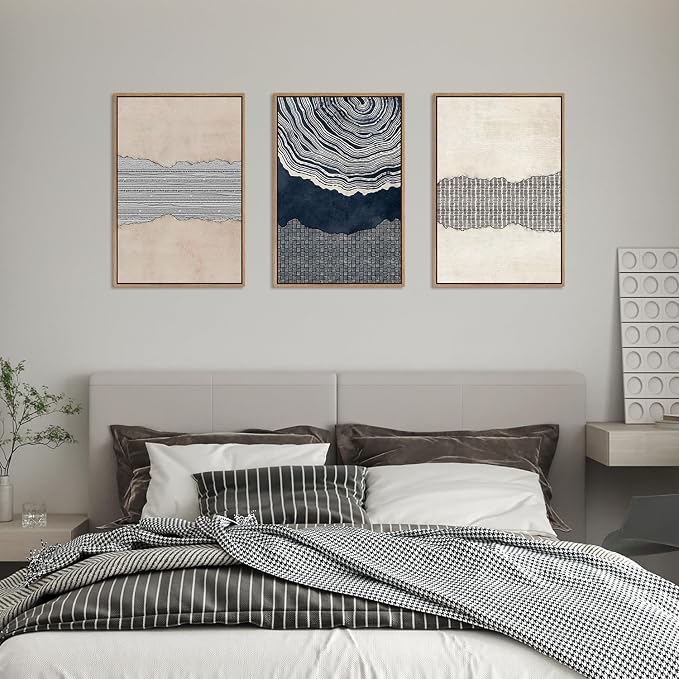 LHIUEM Large Abstract Navy Blue Beige Framed Canvas Wall Art,Modern Tree Rings Shapes Wall Decor,Neutral Retro Wooden Artwork for Living Room,Bedroom,Dining Room,Office -16"x24"x3