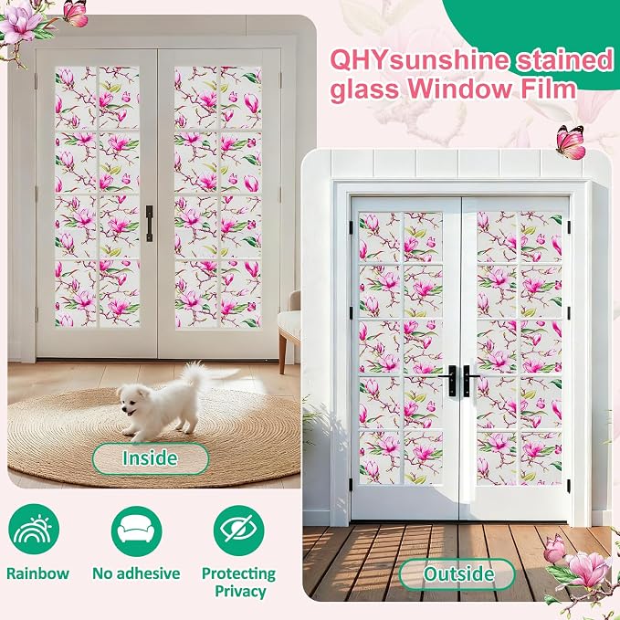 Window Privacy Film Stain Glass Window Film Rainbow Window Film Window clings Non-Adhesive Reusable Decorative for Room (Frosted Magnolia, 23.6 X 78.7 in)