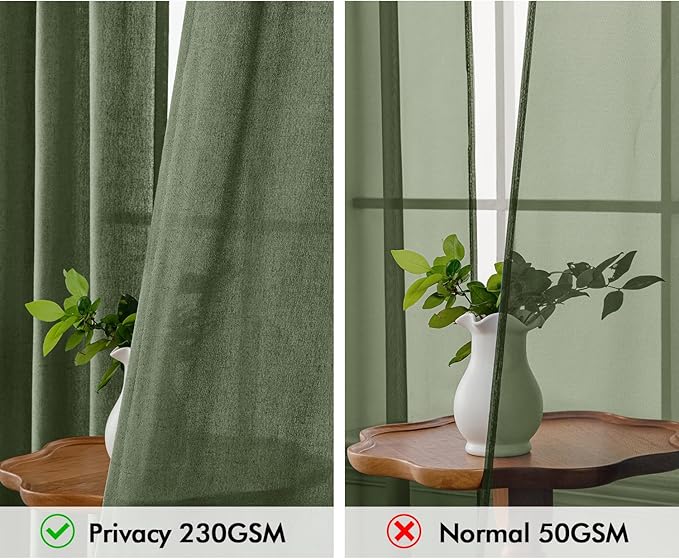 MIULEE Non-See-Through Privacy Linen Curtains 2 Panels, Light Filtering Window Curtains Farnhouse Textured Back Tab Semi Sheer Drapes for Bedroom Living Room, 52 x 63 Inches Long, Olive Green