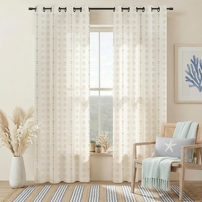 Coastal Striped Curtains for Living Room, Sand Tan Beachy Farmhouse Linen Sheer Drapes for Living Room Bedroom 96 Inch Long 2 Panel Set