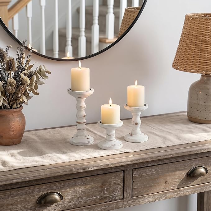 Romadedi Wood Candle Holders for Pillar Candles - Set of 3 Tall Farmhouse Wooden Candlestick Holder, Rustic Candle Stand for Fireplace Mantle Shelf Table Home Decor, Brown Whitewashed 3.9"/6"/ 8.3"