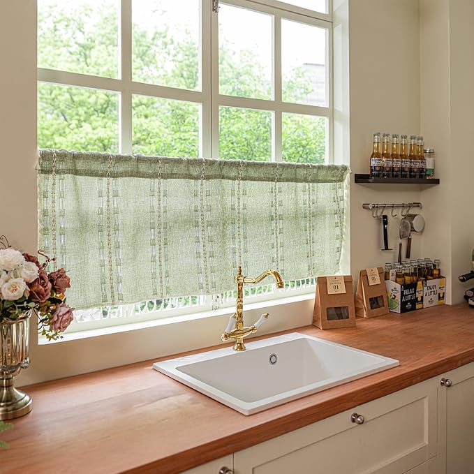 Deeprove Boho Valance Window Kitchen Curtain Over Sink, Short Textured Striped Tassel Drape Tier Embroidered Shabby Chic for Cafe Dining Bathroom Closet, W52 x L18 inch Rod Pocket 1 Panel Sage Green