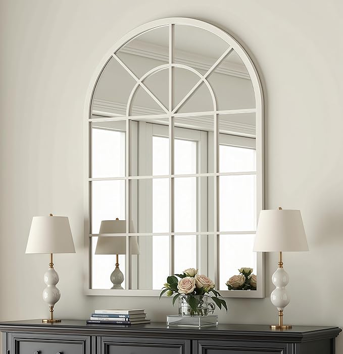 Arch Wall Mirror Mounted Decorative, 30"x42", Arched Window Pane Mirror for Wall-Mounted for Entryway, Bathroom Vanity, Living Room or Bedroom, Iron Frame, White