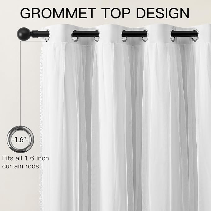 XiDi White Blackout Curtains with Sheer Overlay for Bedroom 63 Inches Long 2 Panels 100% Black Out Double Layer Curtains Thermal Insulated Room Darkening Grommet Short Drapes Greyish White 34W x 63L