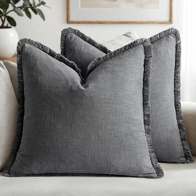 MIULEE Decorative Throw Pillow Covers Neutral Linen Fringe Throw Pillows Set of 2 Grey Boho Farmhouse Cushion Covers with Tassels for Couch Sofa Bed Living Room Spring Decor 18x18 Inch
