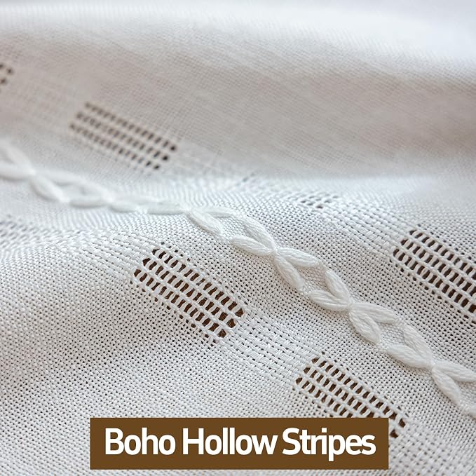 Ivory White Boho sheer curtains 72 inches long 2 Panels for Bedroom, Light Filtering Semi Sheer Bohemian French Country Privacy Tassels Vintage Embroidery Window Curtains Long Stripes Back Tab, 50" W