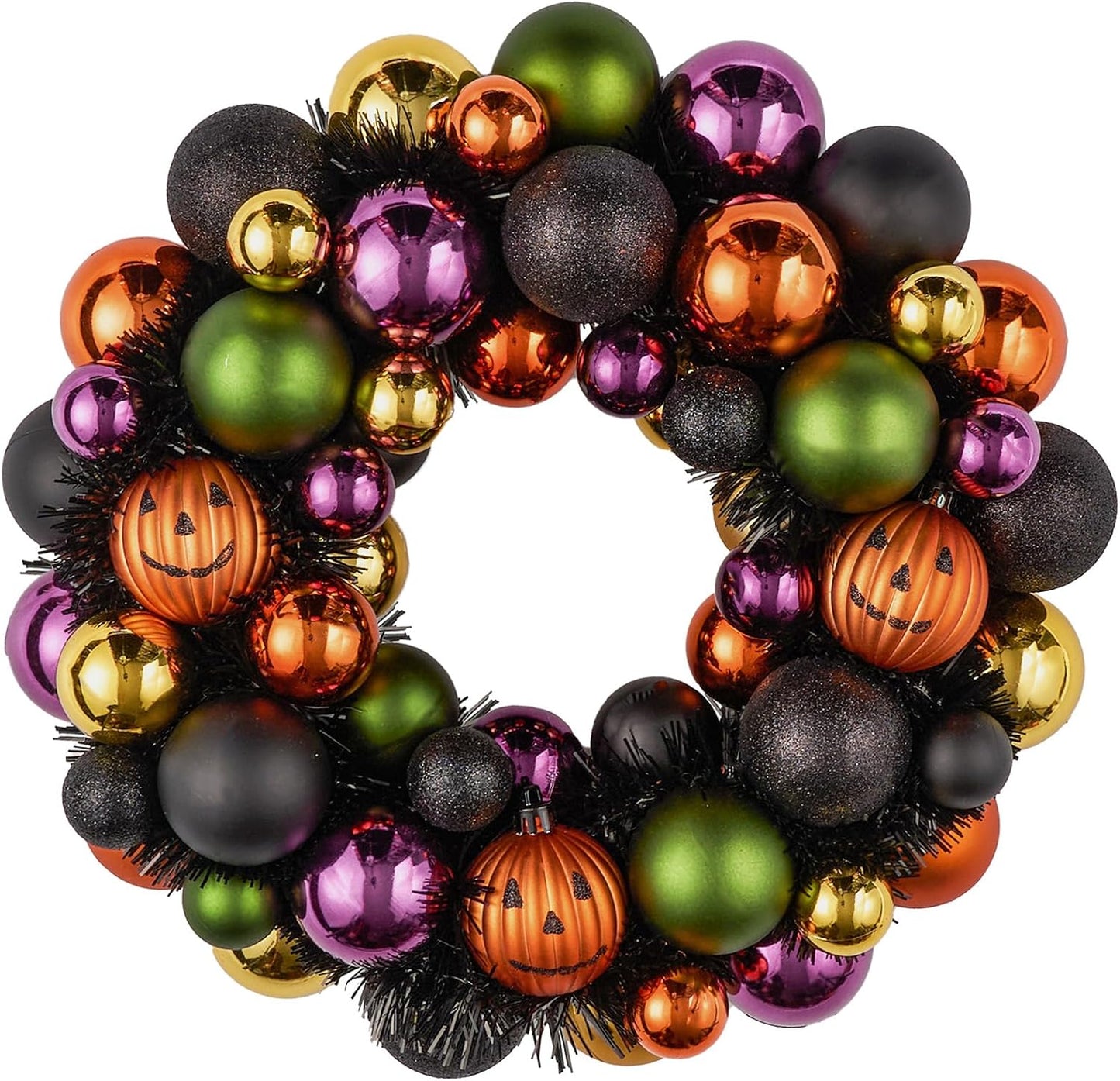 JORNOY 13inch Small Halloween Ball Wreath with Ghost&Pumpkin Accents - Seasonal Orange/Black Wall Hanging, Front Door, Mantel, Porch Decor for Home