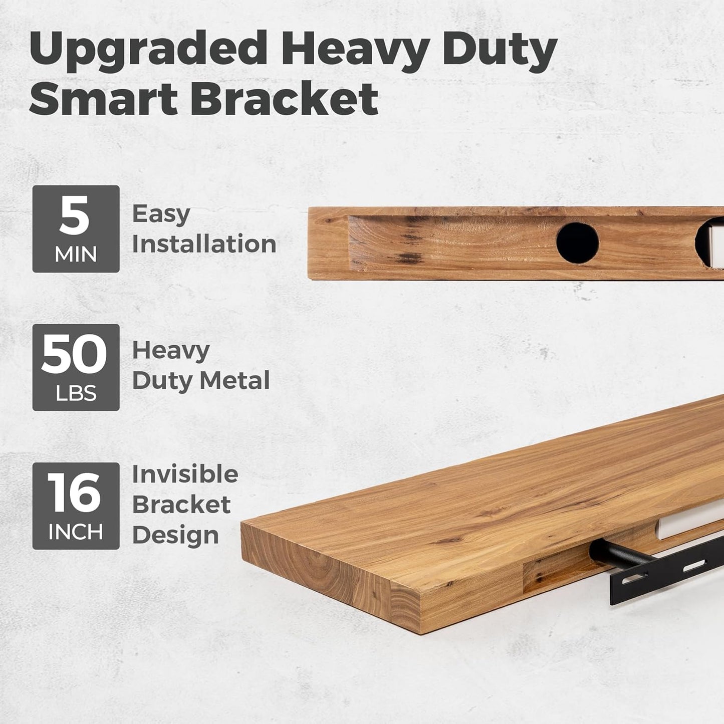 RICHFOCUS Elm Floating Shelves for Wall - 40" W x 9.3" D Rustic Solid Wood Shelves with Invisible Bracket, Wall-Mounted for Living Room, Bedroom, Kitchen Storage & Display, Set of 2, Natural