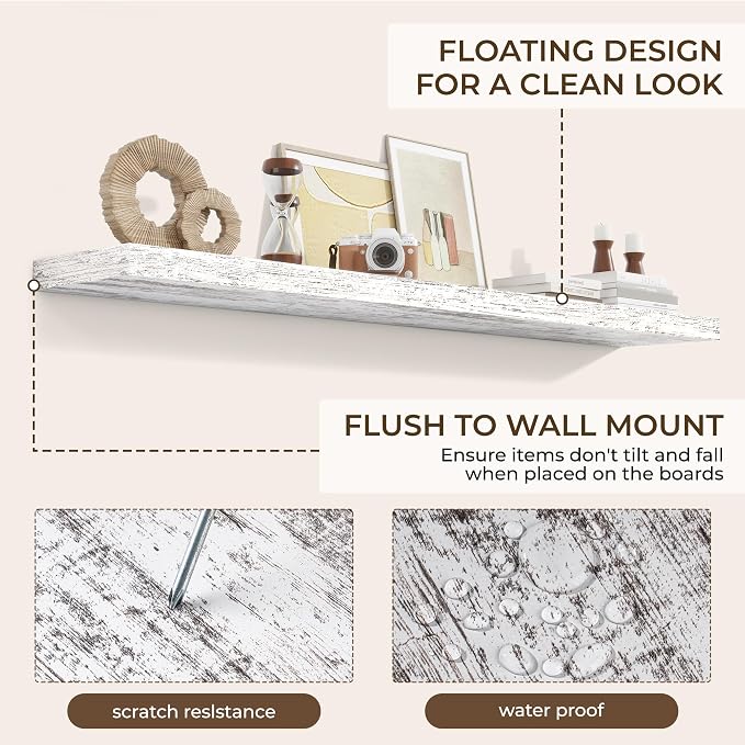 RICHFOCUS 72Inch Floating Shelves for Wall 2 Pack Shelves for Bedroom|Kitchen|Bathroom Wall Mounted Rustic Distressed Wood Floating Shelf with Invisible Brackets for Books|Storage|Decor, Rustic