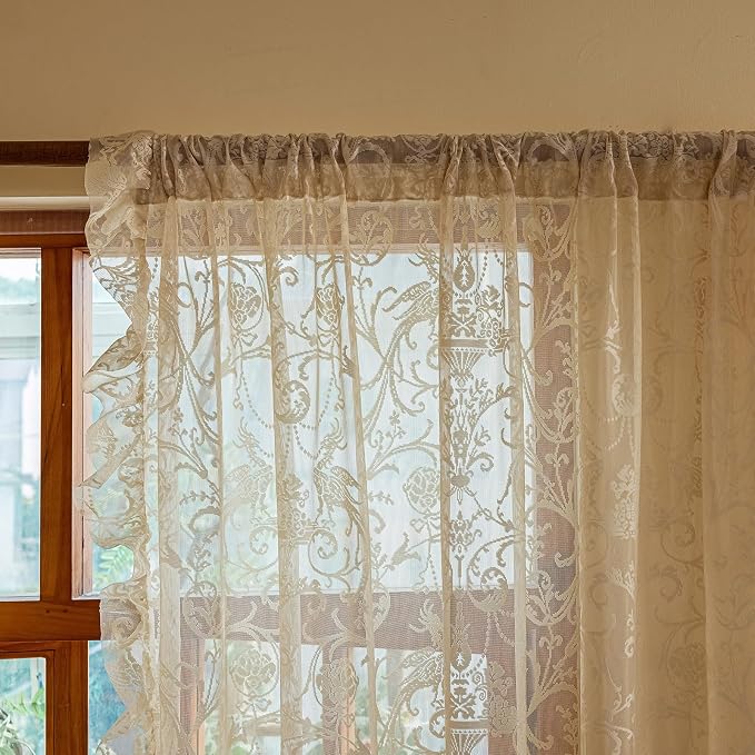 TUDECO Beige Boho Curtains 8 Foot - Cottage Translucen Lace Curtains for Living Room Bedroom, Pretty Chic Floral Ruffle Light Filtering Privacy Window Decor, 59 x 96 Inch, Light Beige