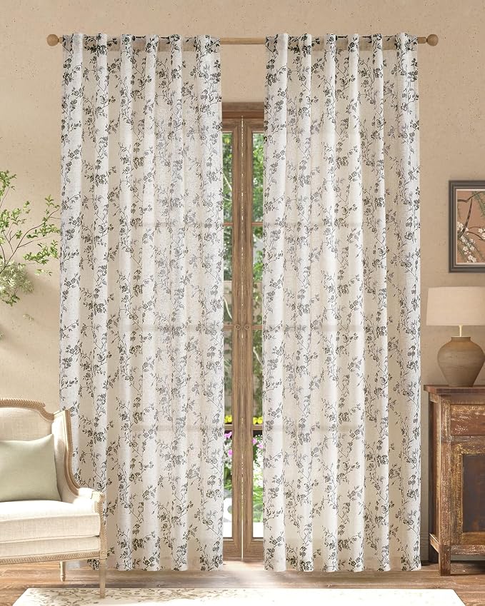 jinchan Black Floral Linen Curtains 84 Inch Farmhouse Back Tab 2 Panels | Flower patterned drapes, french country, printed, privacy, light filtering, bedroom, living room, dining room, home decor